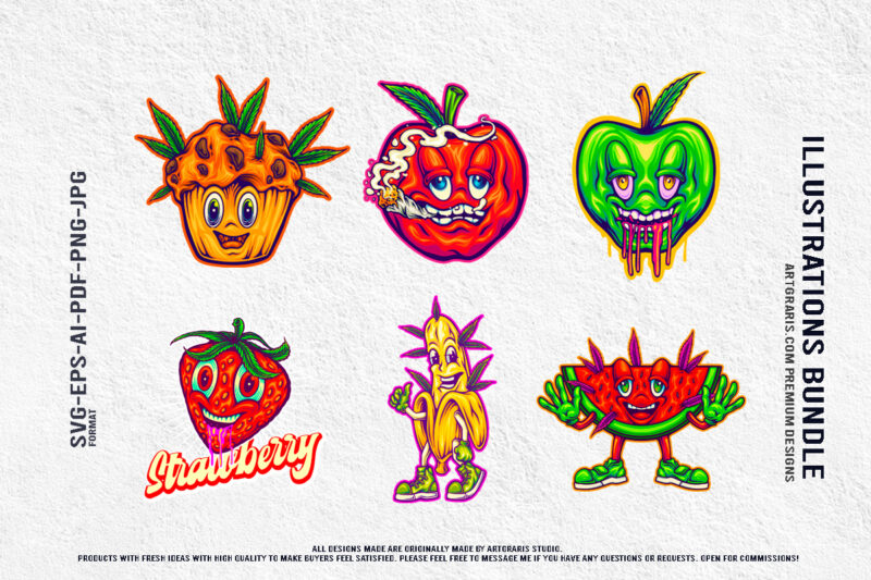 Groovy Ganja Garden Psychedelic Collection of Fruit Bundle Illustration