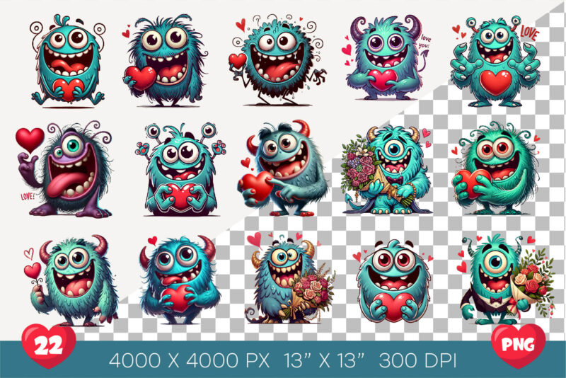 Cartoon Monster in Love. Tshirt, PNG.