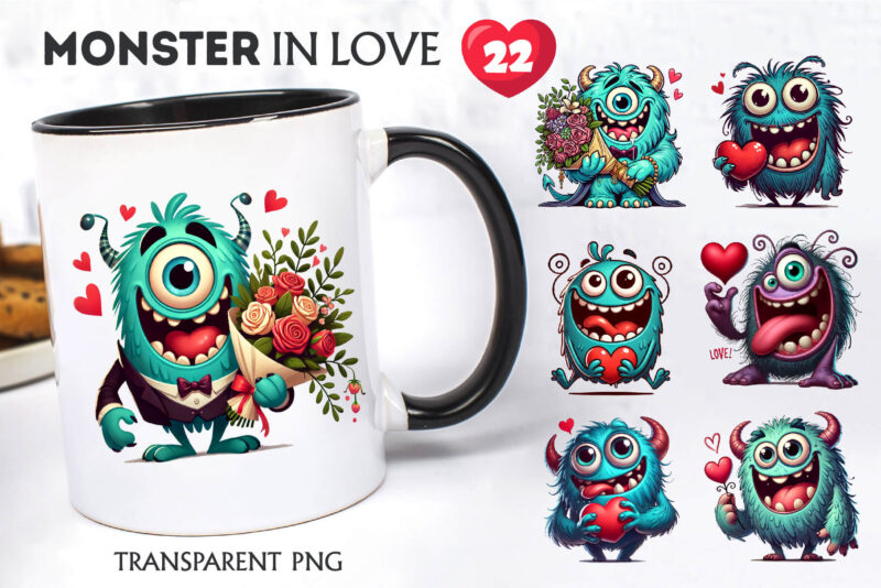 Cartoon Monster in Love. Tshirt, PNG.