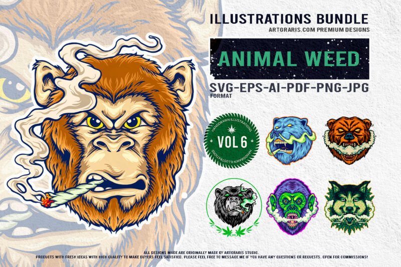 Animal Illustrations Collection Cannabis Inspired Bear and Monkey Designs