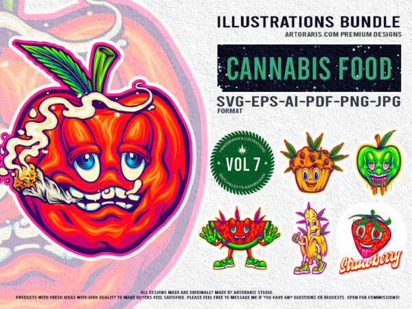 Groovy ganja garden psychedelic collection of fruit bundle illustration t shirt design template Groovy ganja garden psychedelic collection of fruit bundle illustration t shirt design template