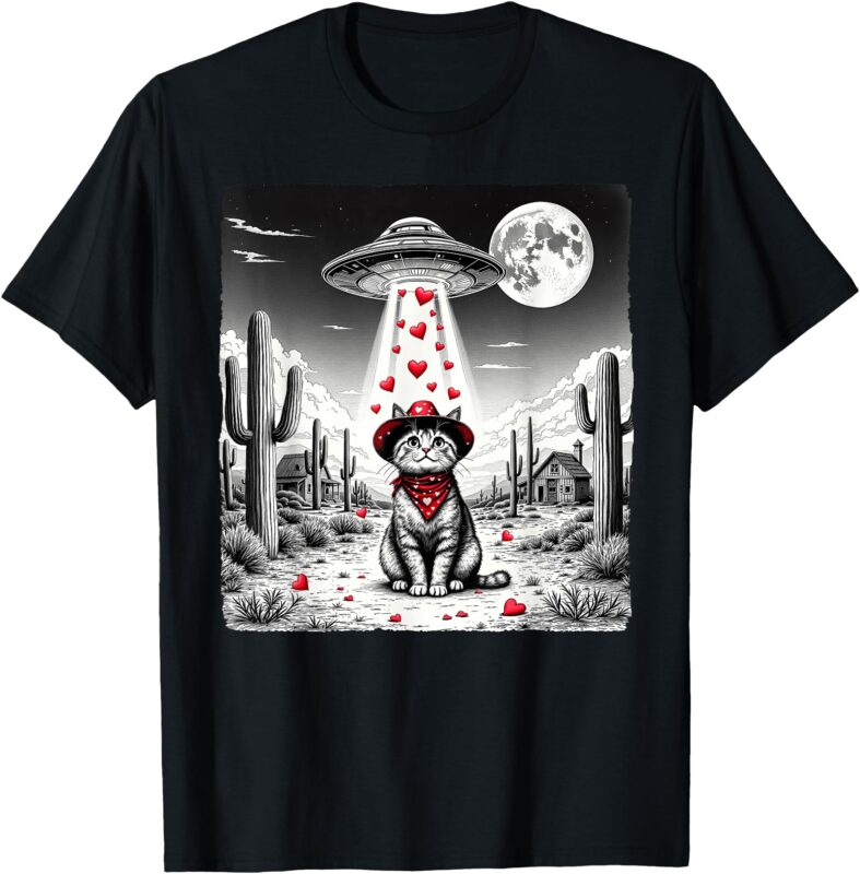 Cowboy Cat UFO Meme Funny Cat UFOs Valentine’s Day Cat Lover T-Shirt