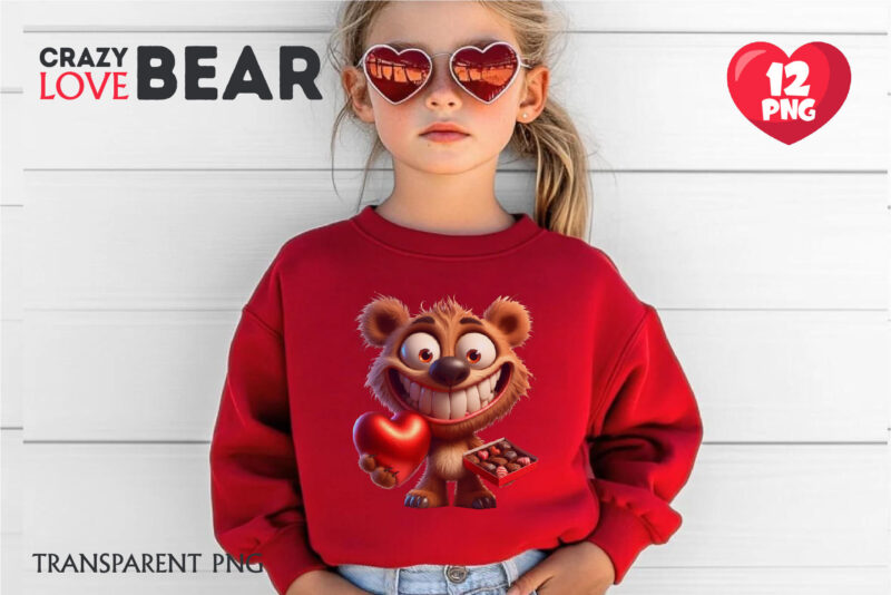 Crazy Love Bear. Tshirt, PNG.