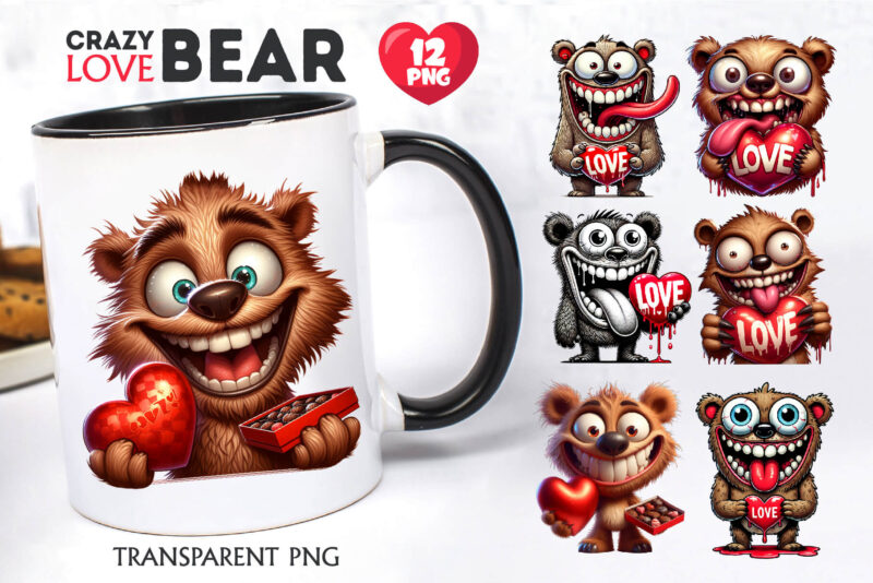 Crazy Love Bear. Tshirt, PNG.