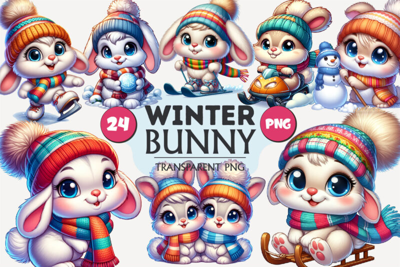 Cute Winter bunny. Clipart, PNG.
