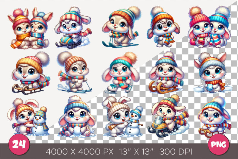 Cute Winter bunny. Clipart, PNG.