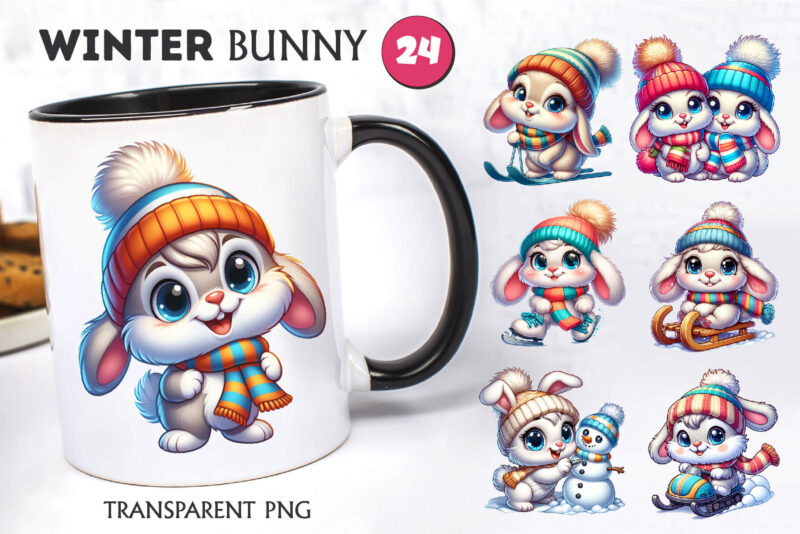 Cute Winter bunny. Clipart, PNG.