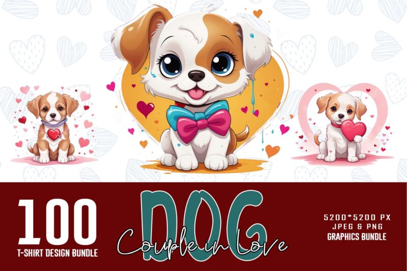 100 Retro Valentines Day Lovely Dog Couple in Love bestselling t-shirt design mega bundle