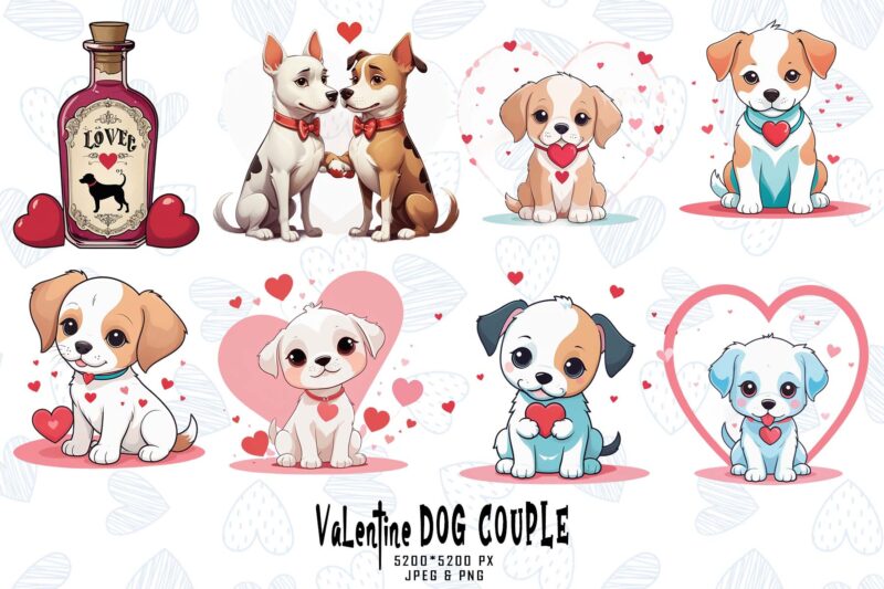 Retro Valentines Day Lovely Dog Couple in Love t-shirt design bundle of 20 designs – download instantly