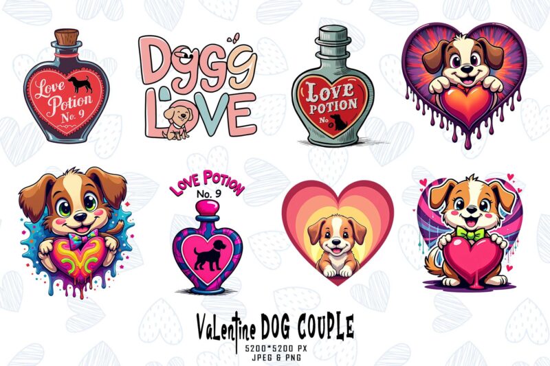 100 Retro Valentines Day Lovely Dog Couple in Love bestselling t-shirt design mega bundle