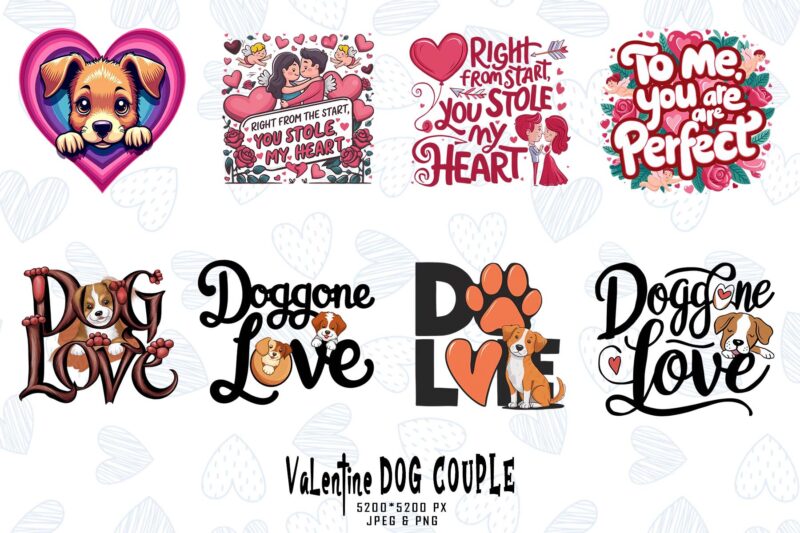 100 Retro Valentines Day Lovely Dog Couple in Love bestselling t-shirt design mega bundle