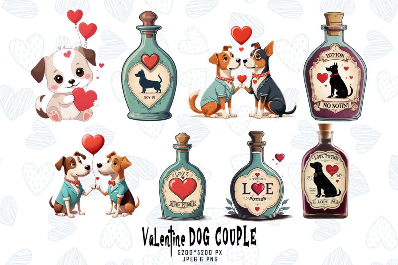 Retro Valentines Day Lovely Dog Couple in Love t-shirt design bundle of 20 designs – download instantly
