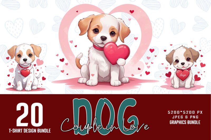 Retro Valentines Day Lovely Dog Couple in Love t-shirt design bundle of 20 designs – download instantly