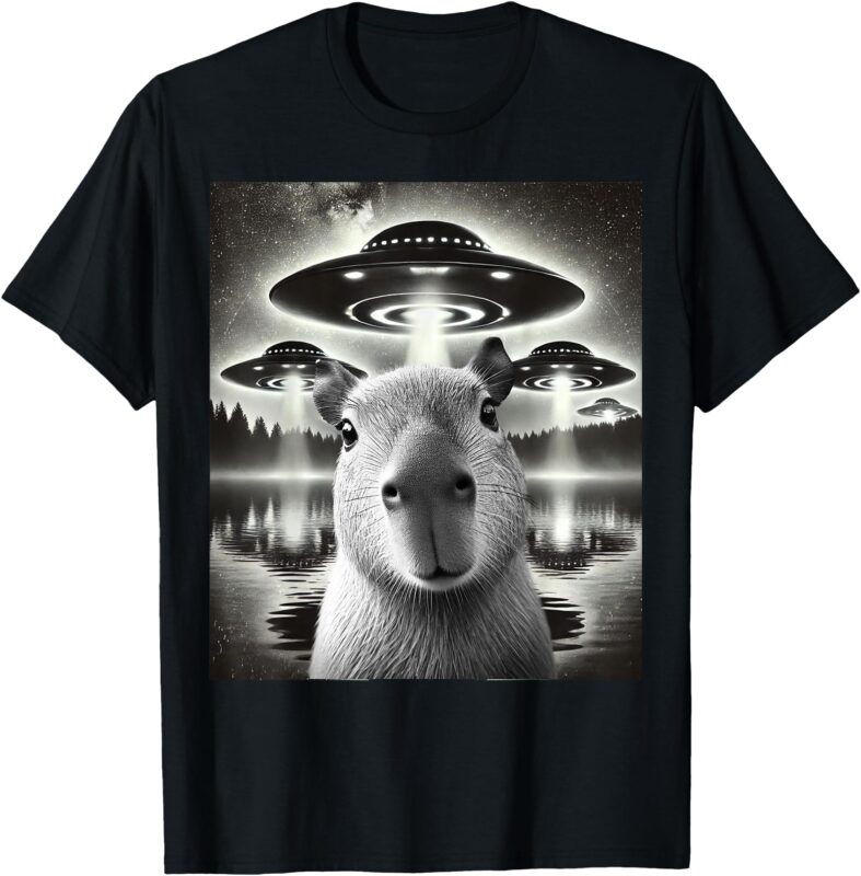 Funny Graphic Capybara Selfie with UFOs Weird T-Shirt