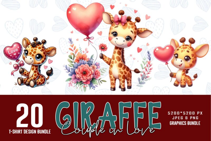 Colourful Valentines Day Giraffe in Love t-shirt design bundle of 20 designs – download instantly Retro Vintage T-shirt Illustration Bundle