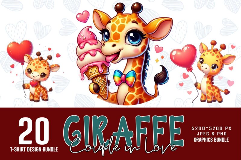 Funny Valentines Day Cute Giraffe t-shirt design bundle of 20 designs – download instantly Retro Vintage Illustration Bundle