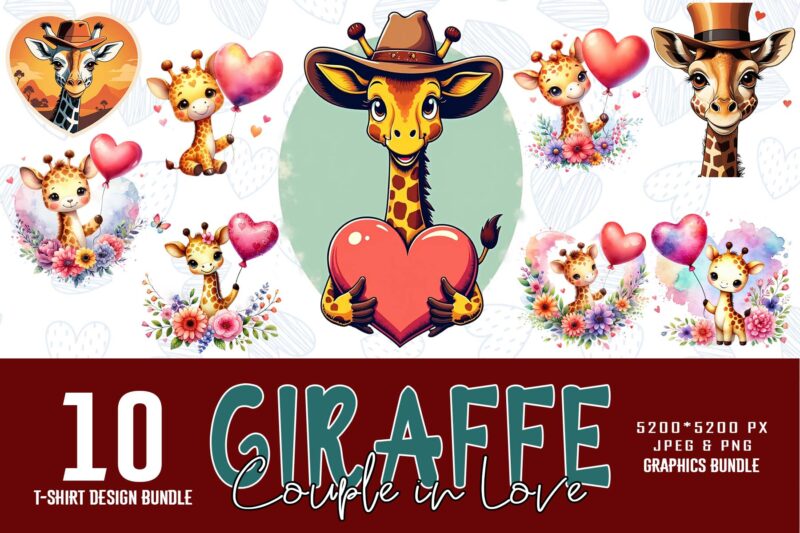 Valentines Day Giraffe in Love t-shirt design bundle of 10 png & jpeg designs – download instantly Retro Vintage T-shirt Design Illustration