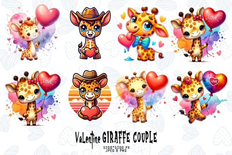 Colourful Valentines Day Giraffe in Love t-shirt design bundle of 100 designs mega bundle