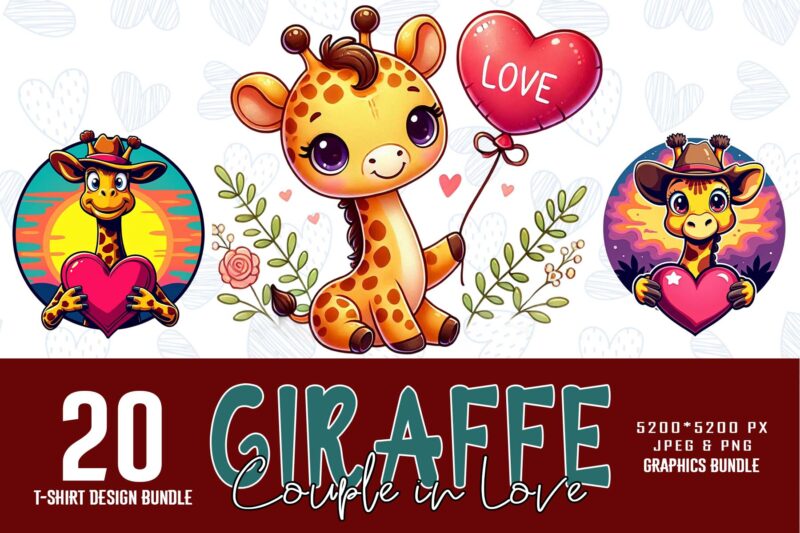 Valentines Day Giraffe in Love t-shirt design bundle of 20 designs – download instantly Retro Vintage T-shirt