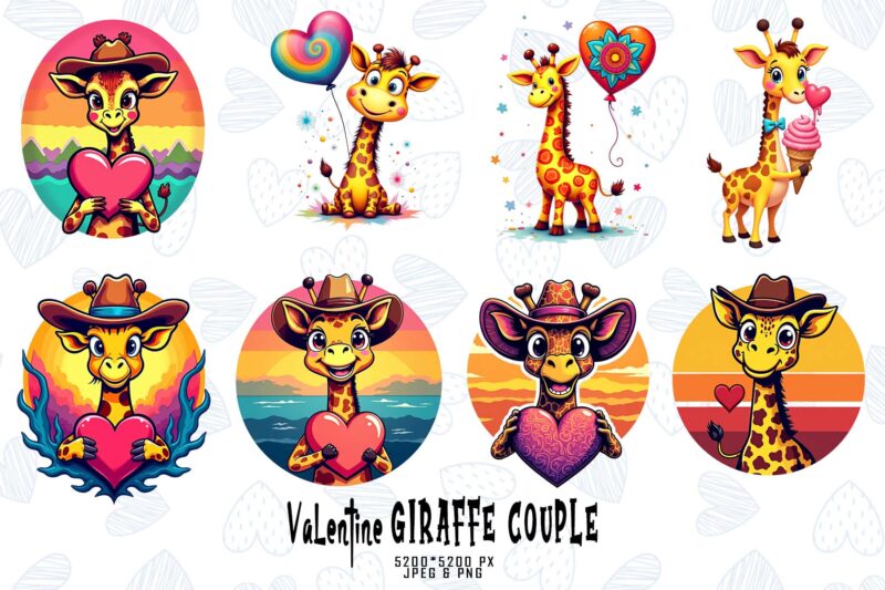 Colourful Valentines Day Giraffe in Love t-shirt design bundle of 100 designs mega bundle