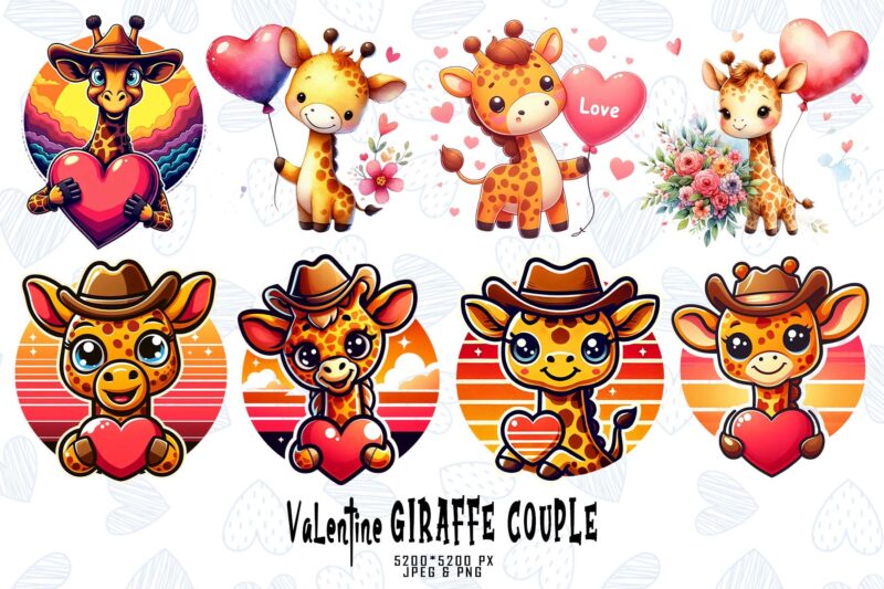 Colourful Valentines Day Giraffe in Love t-shirt design bundle of 100 designs mega bundle
