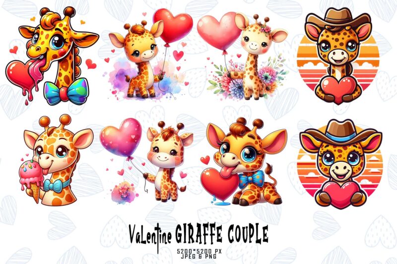 Colourful Valentines Day Giraffe in Love t-shirt design bundle of 100 designs mega bundle
