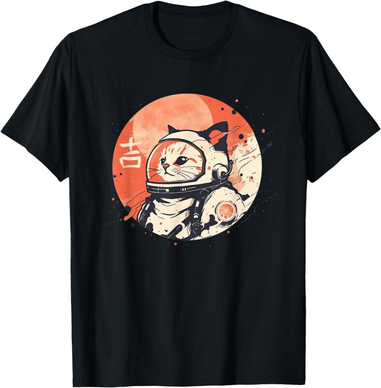 Japanese Minimalist 1950s Retro Space Cat Good Luck Kanji T-Shirt