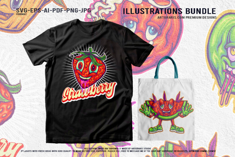 Groovy Ganja Garden Psychedelic Collection of Fruit Bundle Illustration