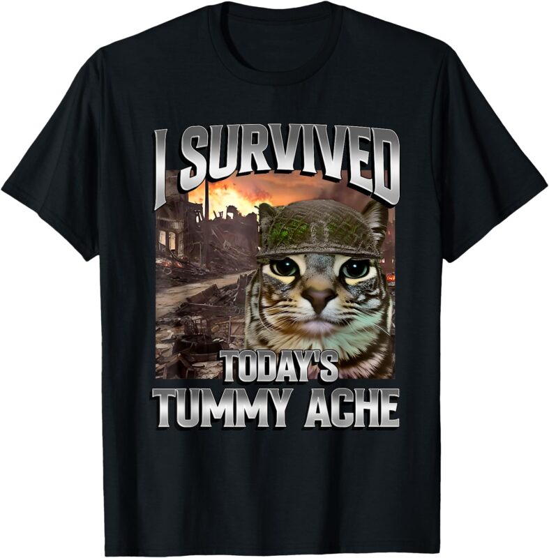 Mens Womens I Survived Today’s Tummy Ache Groovy Funny Cat T-Shirt