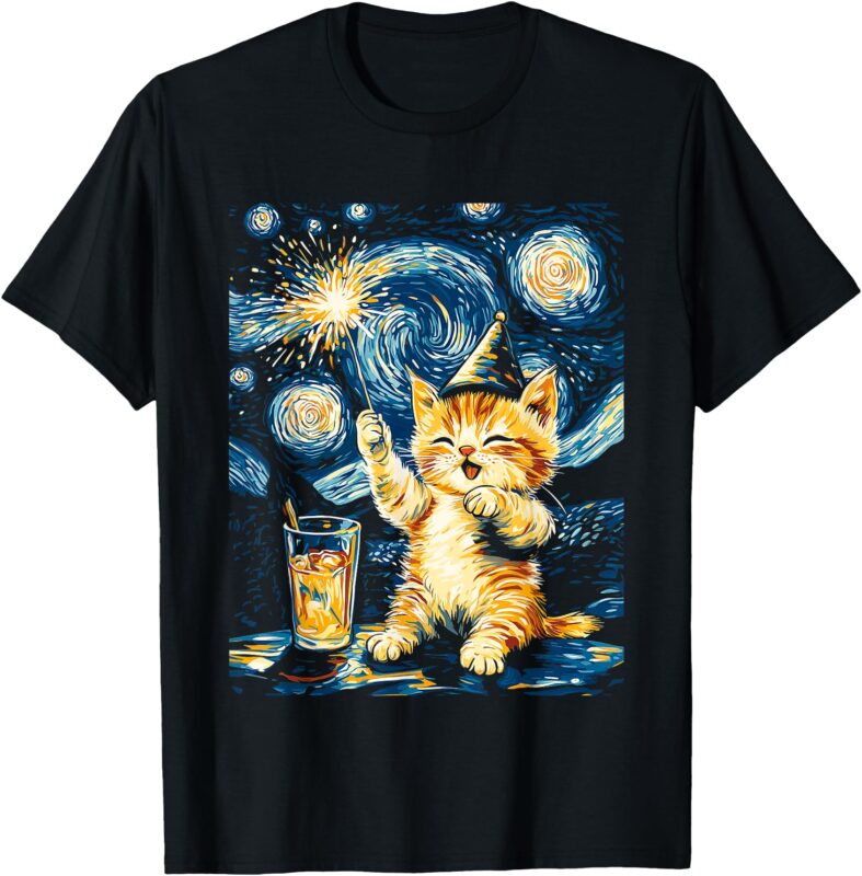 New Year Cat Starry Night Art for Cat Lovers T-Shirt