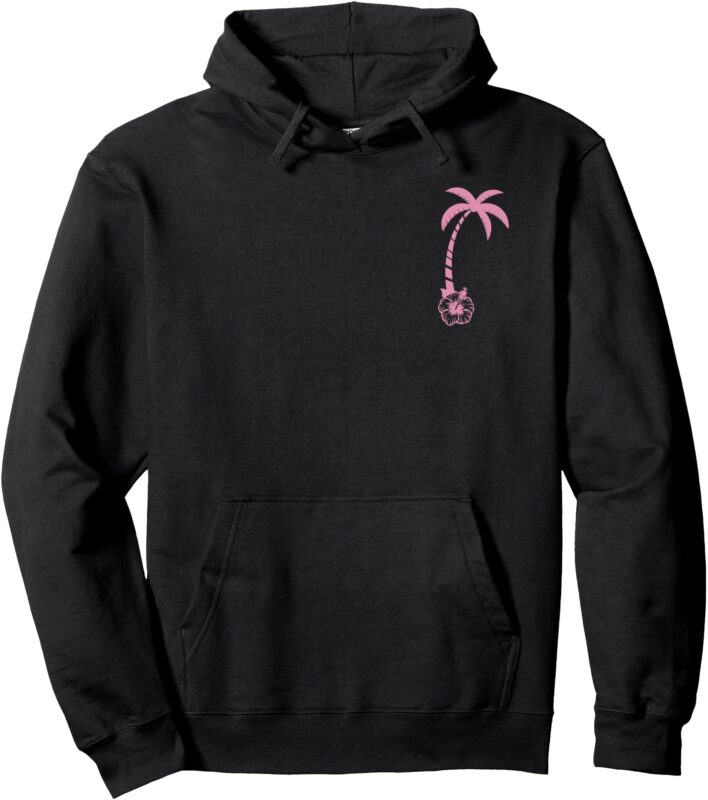 (On Back) Everything Comes In Waves Pink Palm Puff Waves Pullover Hoodie