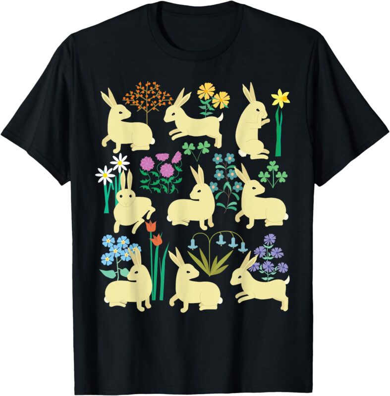 Playful little rabbits (bunnies) among colorful flowers T-Shirt