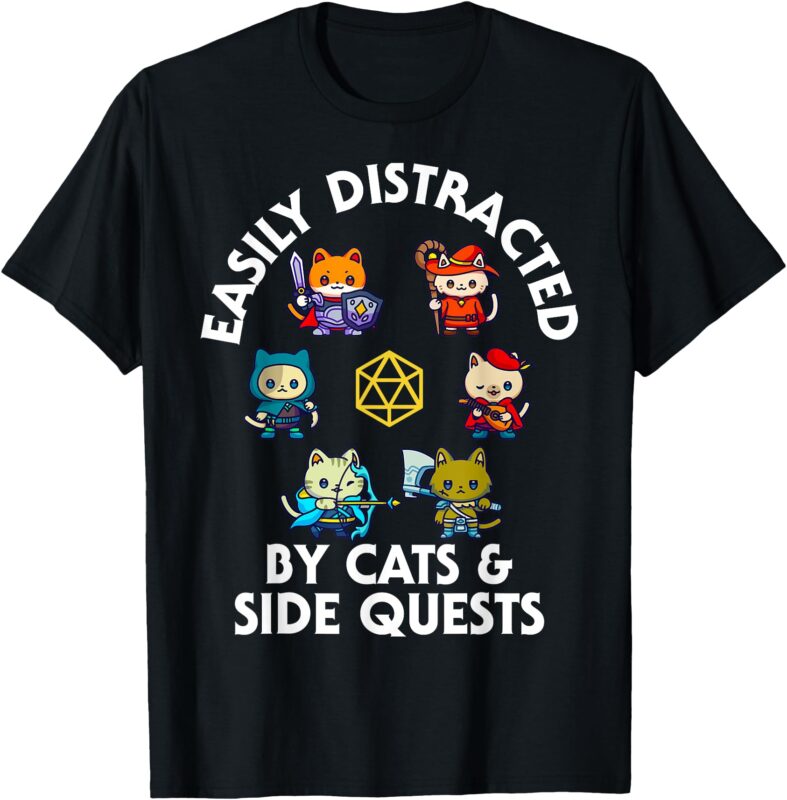 RPG Gamer Cats Side Quests D20 Dice Nerdy Cat Men Women Kids T-Shirt