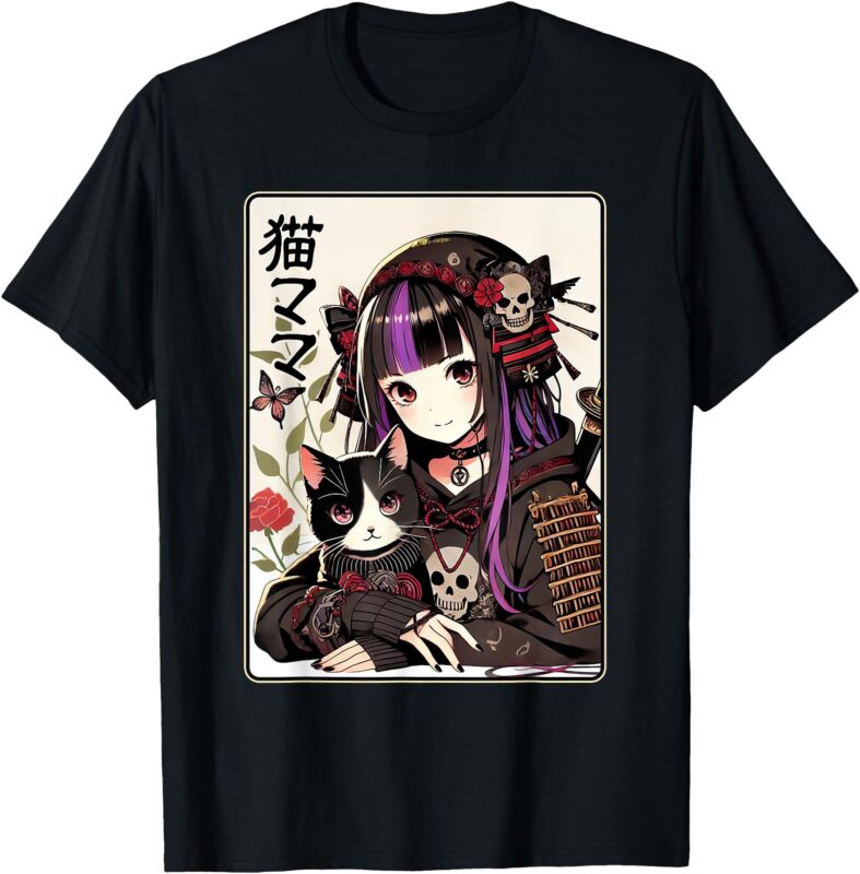 Samurai Cat Mom Woman Girls Japanese Gothic Kawaii Anime T-Shirt