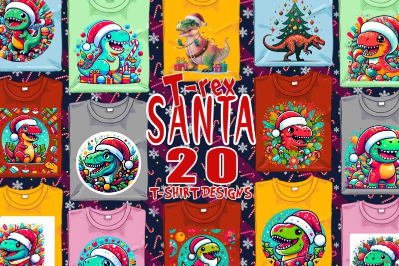 Trendy Christmas Dinosaur Santa Claus t-shirt design bundle of 20 designs – download instantly Retro Vintage Tee Illustration Clipart Bundle