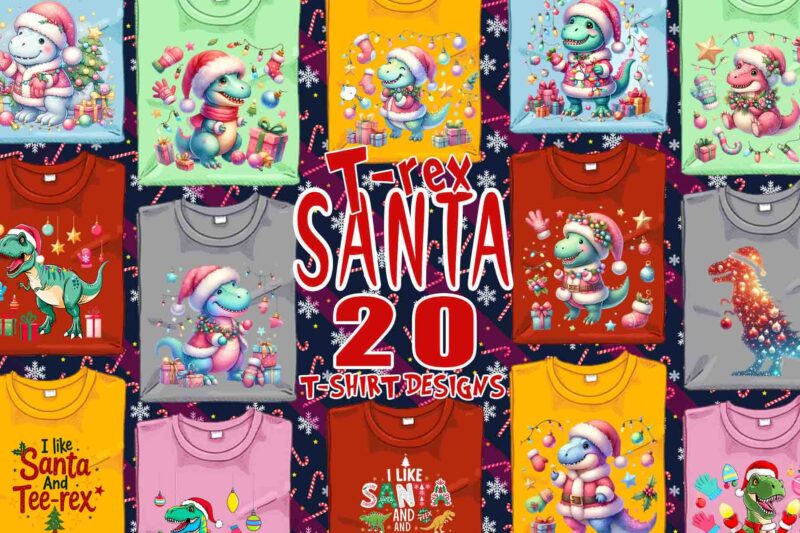 20 Retro Christmas T-Rex Santa Claus t-shirt design bundle