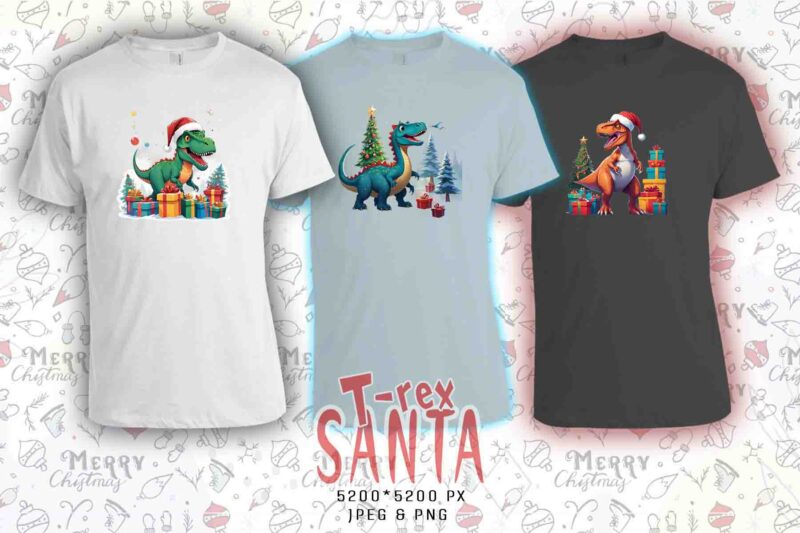 20 Trendy Christmas Festive Dino Claus t-shirt design bundle