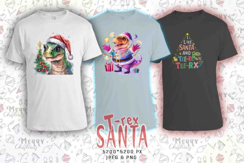 20 Retro Christmas T-Rex Santa Claus t-shirt design bundle for POD