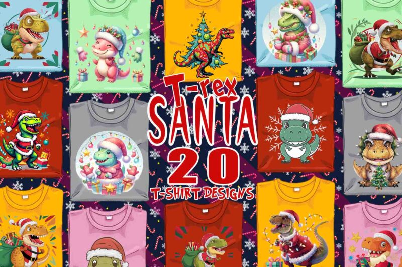 Retro Christmas T-Rex Santa Claus t-shirt design bundle of 20 designs