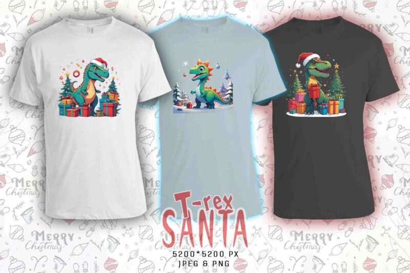 20 Trendy Christmas Festive Dino Claus t-shirt design bundle