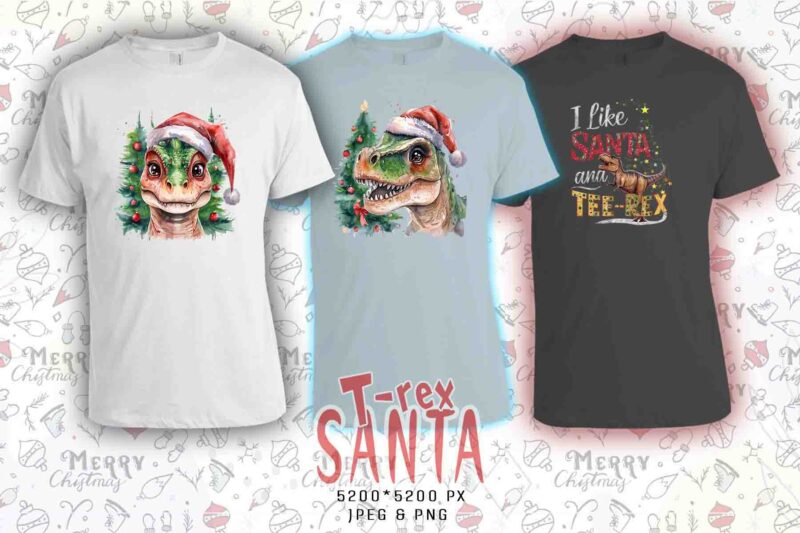 20 Retro Christmas T-Rex Santa Claus t-shirt design bundle for POD