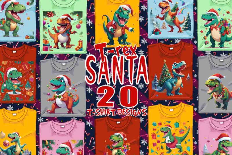 20 Trendy Christmas Festive Dino Claus t-shirt design bundle