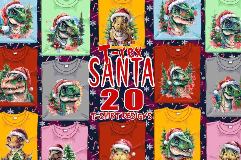 20 Retro Christmas T-Rex Santa Claus t-shirt design bundle for POD