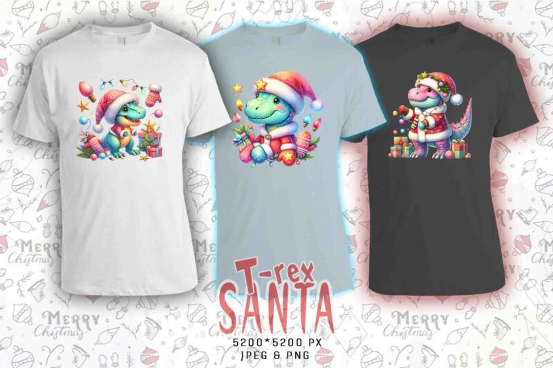 20 Retro Christmas T-Rex Santa Claus t-shirt design bundle