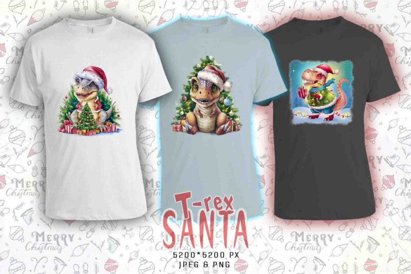 Trendy Christmas Dinosaur Santa Claus t-shirt design bundle of 20 designs – download instantly Retro Vintage Tee Illustration Clipart Bundle