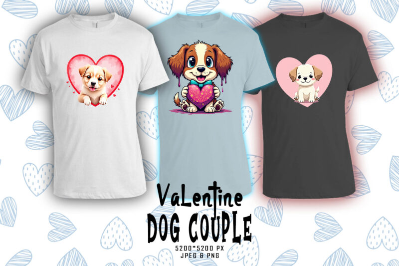 Funny Valentines Day Cute Dog Couple in Love t-shirt design bundle of 20 designs – download instantly