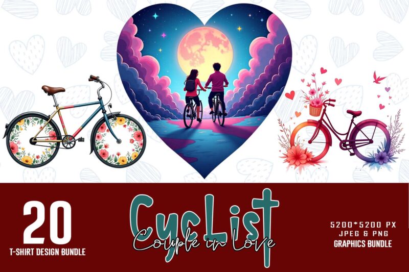 Colourful Valentines Day Cyclist Couple in Love t-shirt design bundle of 20 designs – download instantly Retro Vintage
