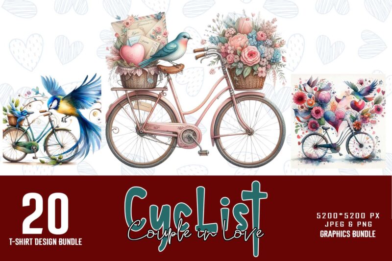 Funny Valentines Day Cute Couple on cycle in Love t-shirt design bundle of 20 designs – download instantly Retro Vintage Illustration Bundle