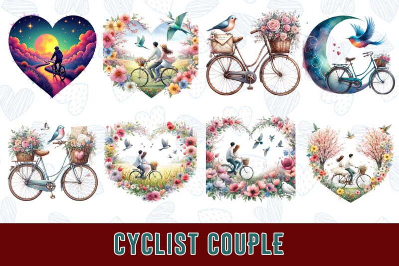 Colourful Valentines Day Cyclist Couple in Love t-shirt design bundle of 20 designs – download instantly Retro Vintage