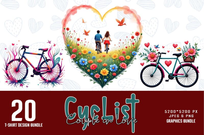 20 Popular Valentines Day Cyclist Couple in Love t-shirt design bundle